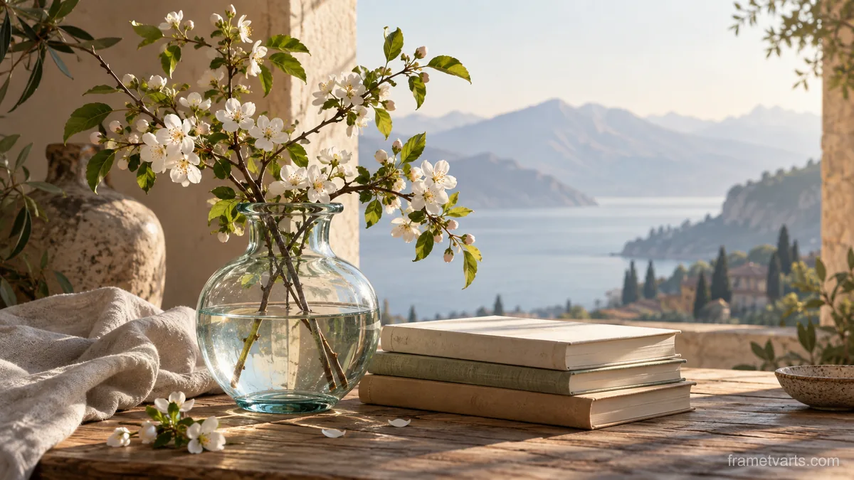Glass vase beside stacked unmarked books – fine-art still-life photography Samsung Frame TV art, 4K