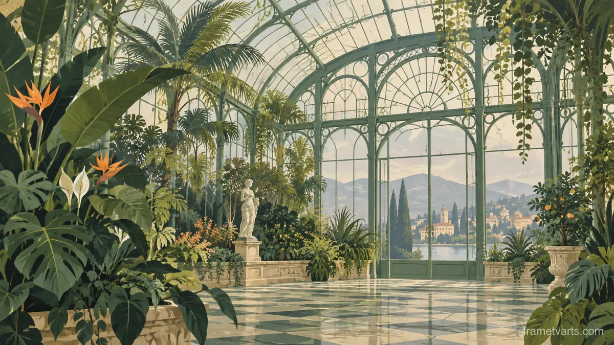 Old conservatory filled with green plants – mid-century travel illustration without text Samsung Frame TV art, 4K