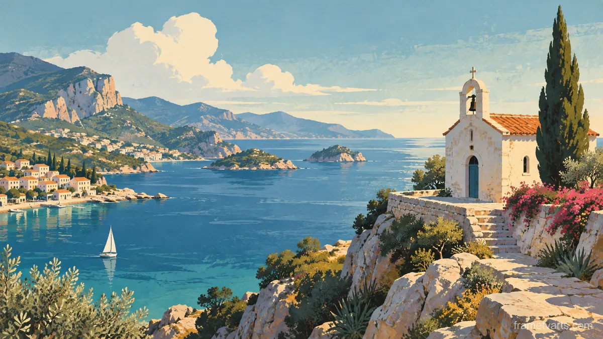 Small coastal chapel above a bay – mid-century travel illustration without text Samsung Frame TV art, 4K