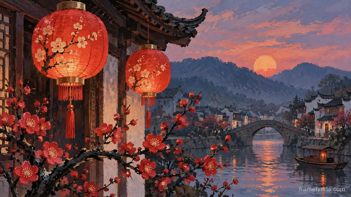 Lunar New Year red lanterns and plum blossoms – decorative folk gouache Samsung Frame TV art, 4K