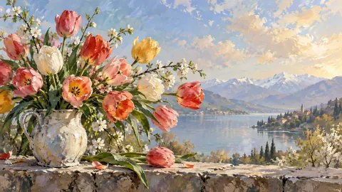Tulips in an asymmetrical spring arrangement – contemporary loose oil painting Frame TV art