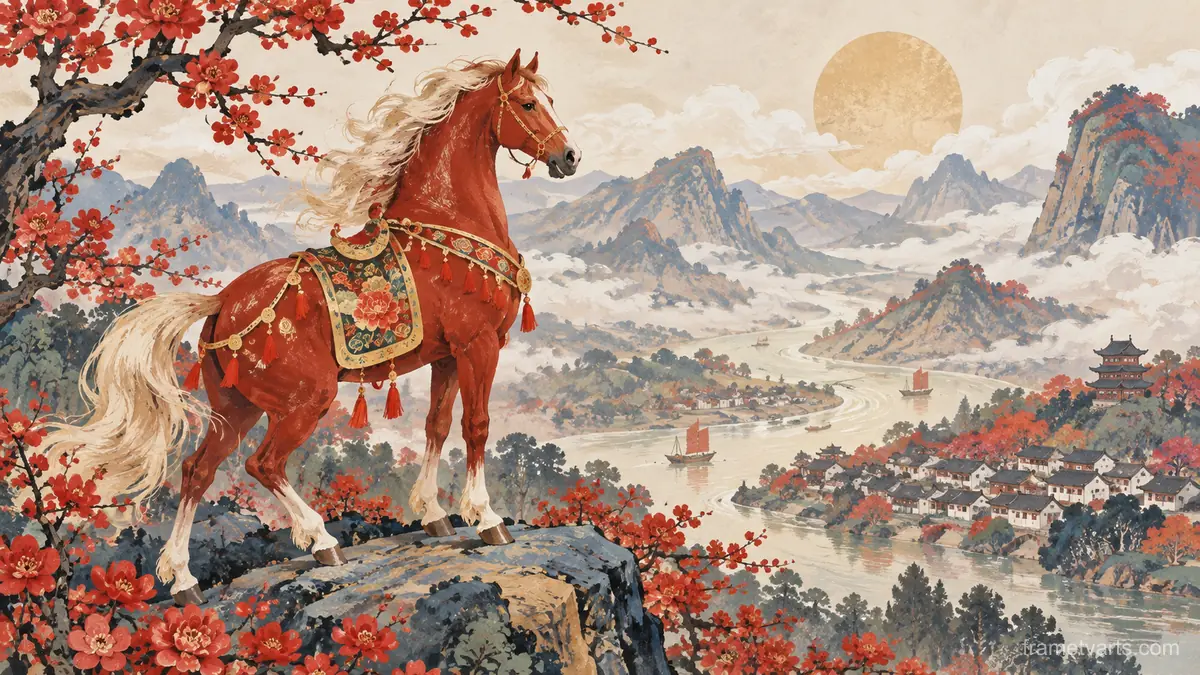 Lunar New Year decorative original zodiac horse – decorative folk gouache Samsung Frame TV art, 4K