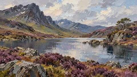 Highland tarn beneath heather slopes – expressive palette-knife painting Frame TV art