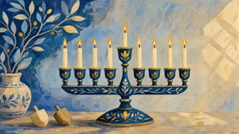 Hanukkah nine-branched hanukkiah with eight candle positions plus a distinct shamash – decorative folk gouache Frame TV art