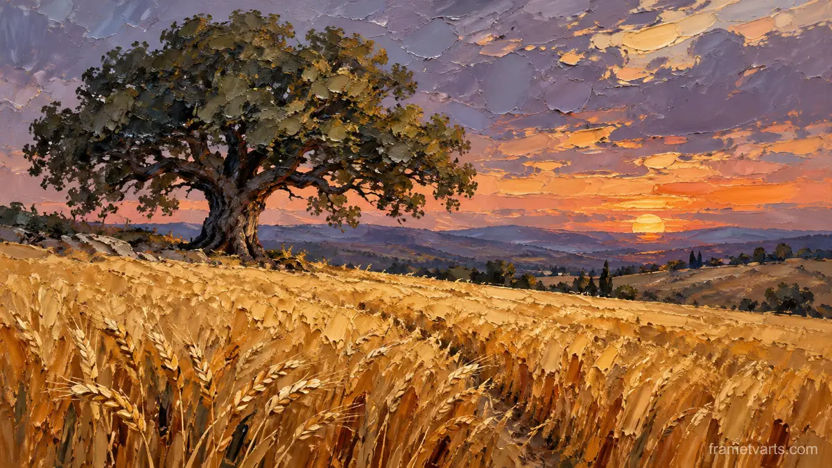 Golden wheat field and lone oak – expressive palette-knife painting Samsung Frame TV art, 4K
