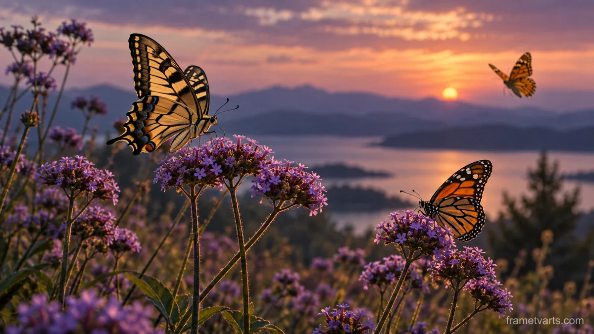 Butterflies around wild verbena – fine-art wildlife photography Samsung Frame TV art, 4K