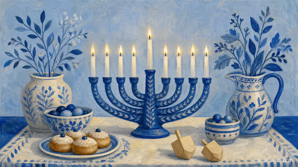Hanukkah blue-and-white still life with dreidel – decorative folk gouache Samsung Frame TV art, 4K