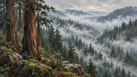 Fog rolling through redwood forest – expressive palette-knife painting Frame TV art