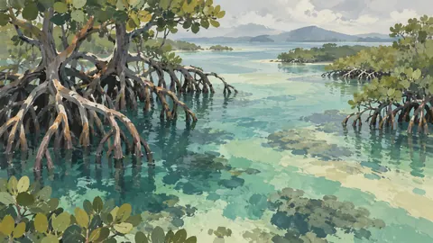 Mangrove roots above luminous water – minimal gouache Frame TV art