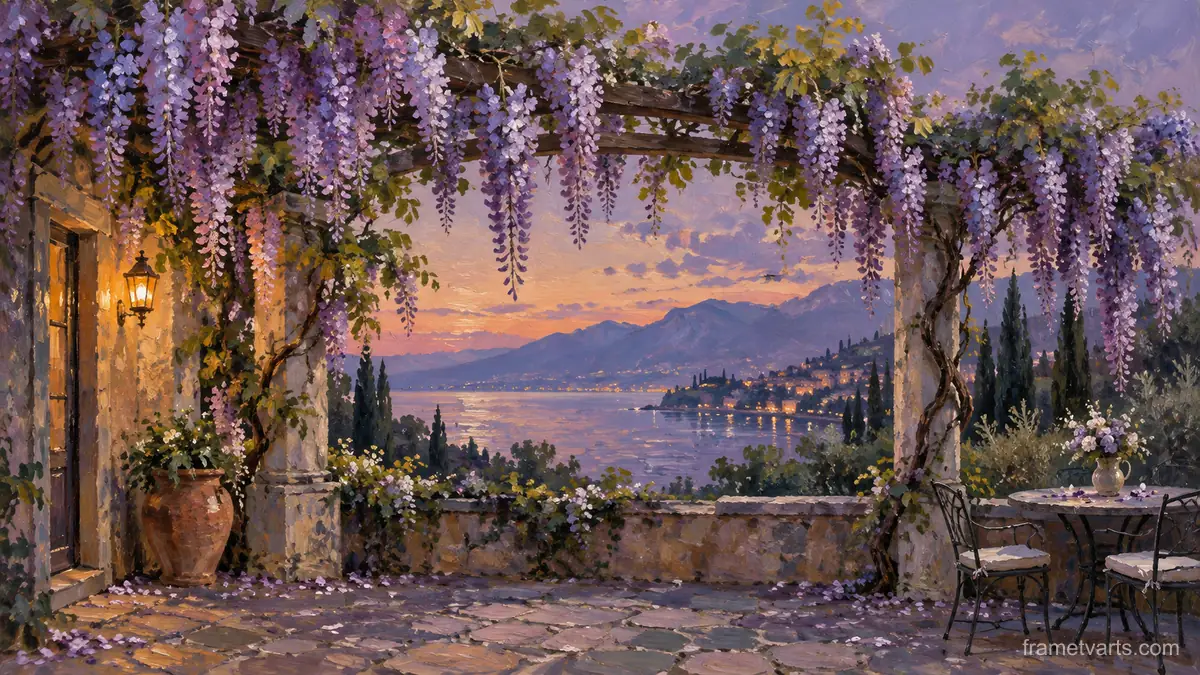 Wisteria cascading from a pergola – contemporary loose oil painting Samsung Frame TV art, 4K