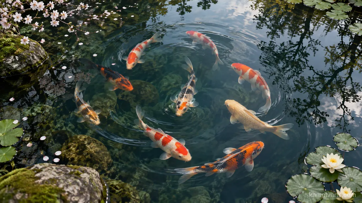 Koi fish circling among pond reflections – fine-art wildlife photography Samsung Frame TV art, 4K