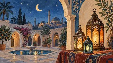 Ramadan lanterns and a crescent above a courtyard – decorative folk gouache Frame TV art