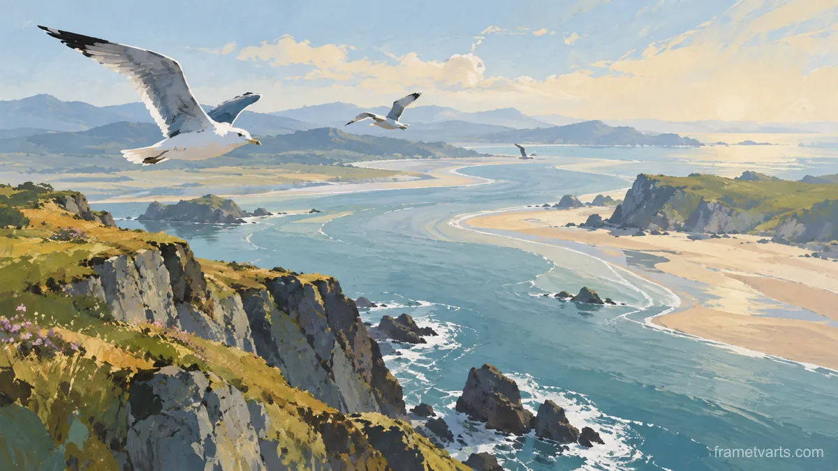 Seabirds above a sweeping coastal inlet – minimal gouache Samsung Frame TV art, 4K