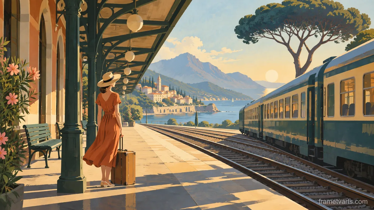 Sunlit train station platform without signage – mid-century travel illustration without text Samsung Frame TV art, 4K
