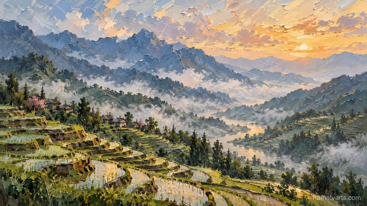 Terraced rice valley in morning mist – expressive palette-knife painting Samsung Frame TV art, 4K
