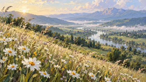 Meadow daisies and airy grasses – contemporary loose oil painting Frame TV art