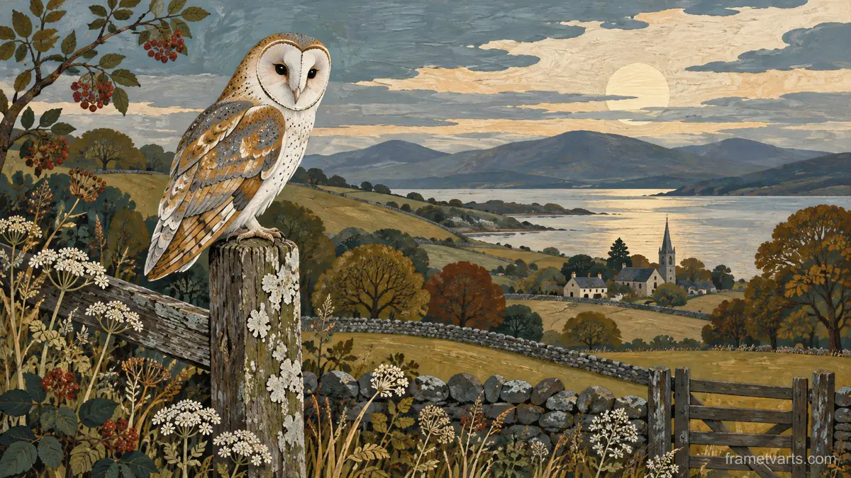 Barn owl on a weathered fence post – decorative folk painting Samsung Frame TV art, 4K