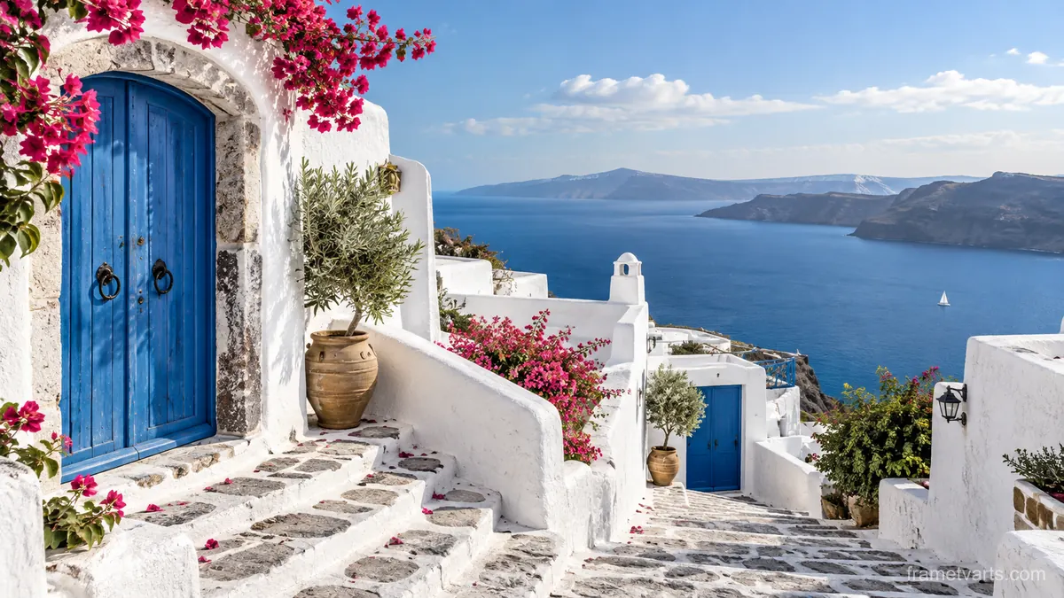 Whitewashed island steps with blue doors – fine-art architectural photography Samsung Frame TV art, 4K