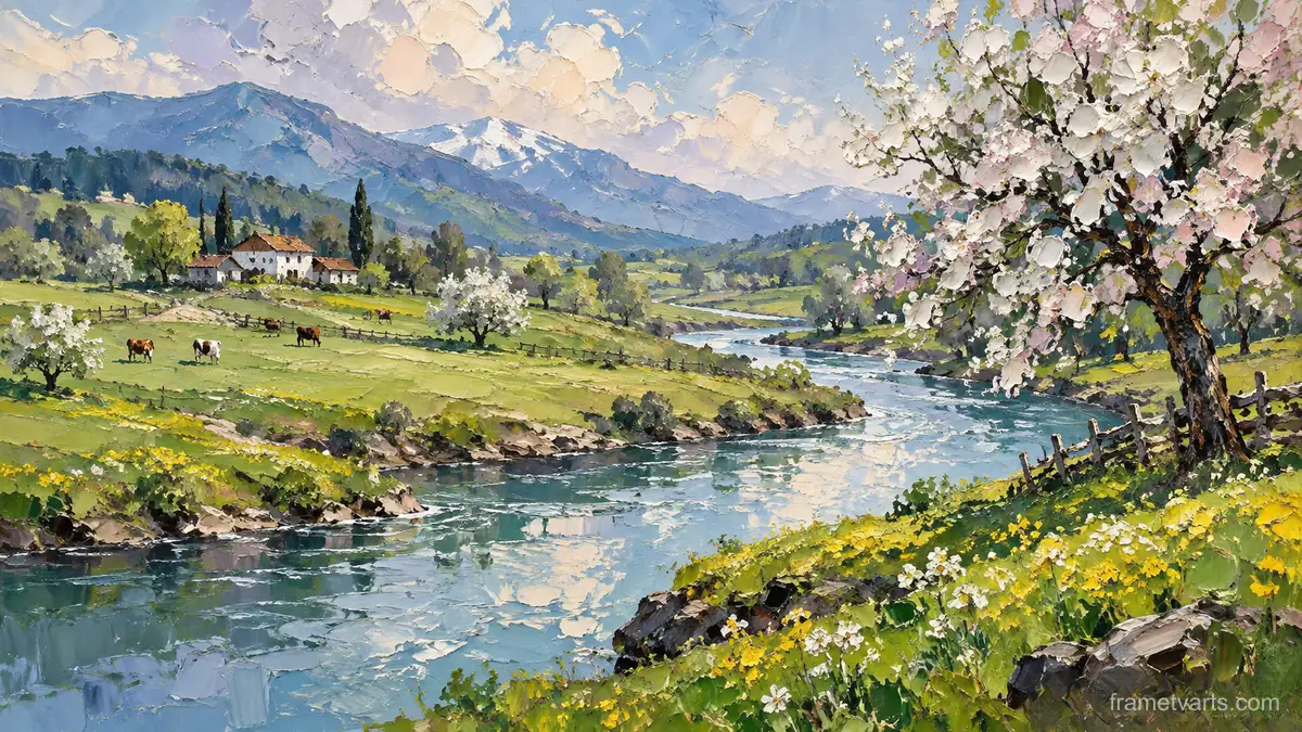 Meandering river through spring pasture – expressive palette-knife painting Samsung Frame TV art, 4K