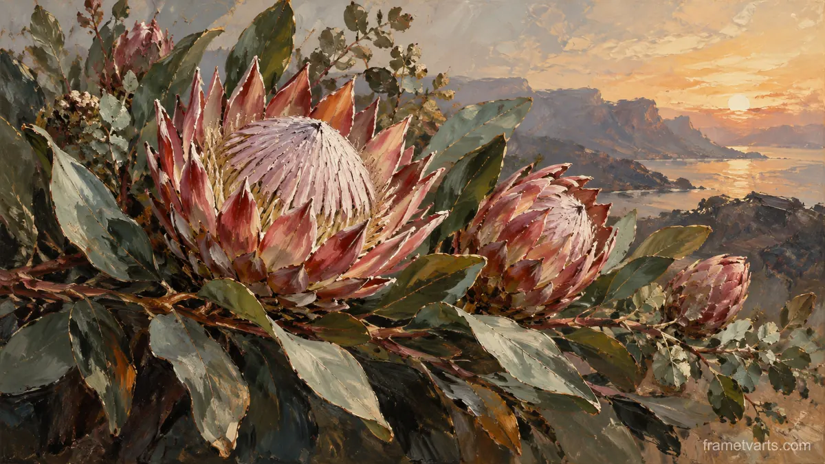 Protea flowers with sculptural foliage – contemporary loose oil painting Samsung Frame TV art, 4K