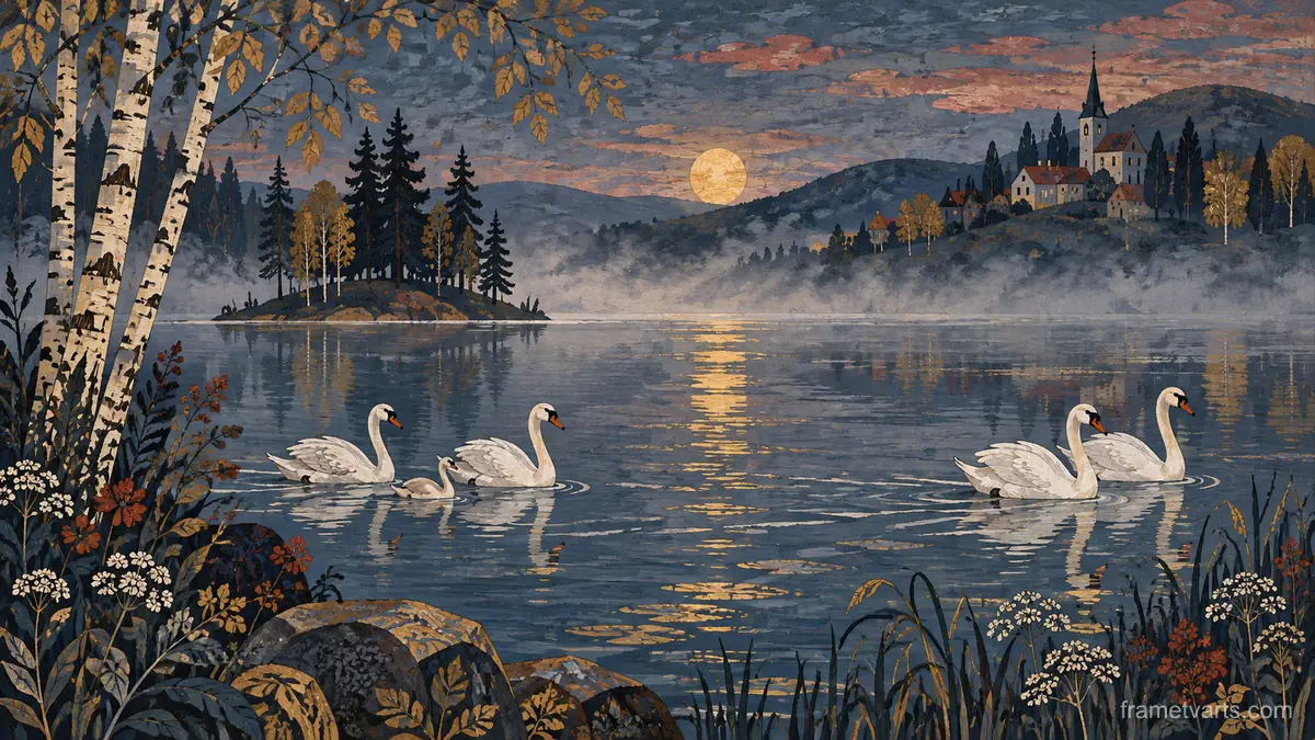 White swans crossing a misty lake – decorative folk painting Samsung Frame TV art, 4K