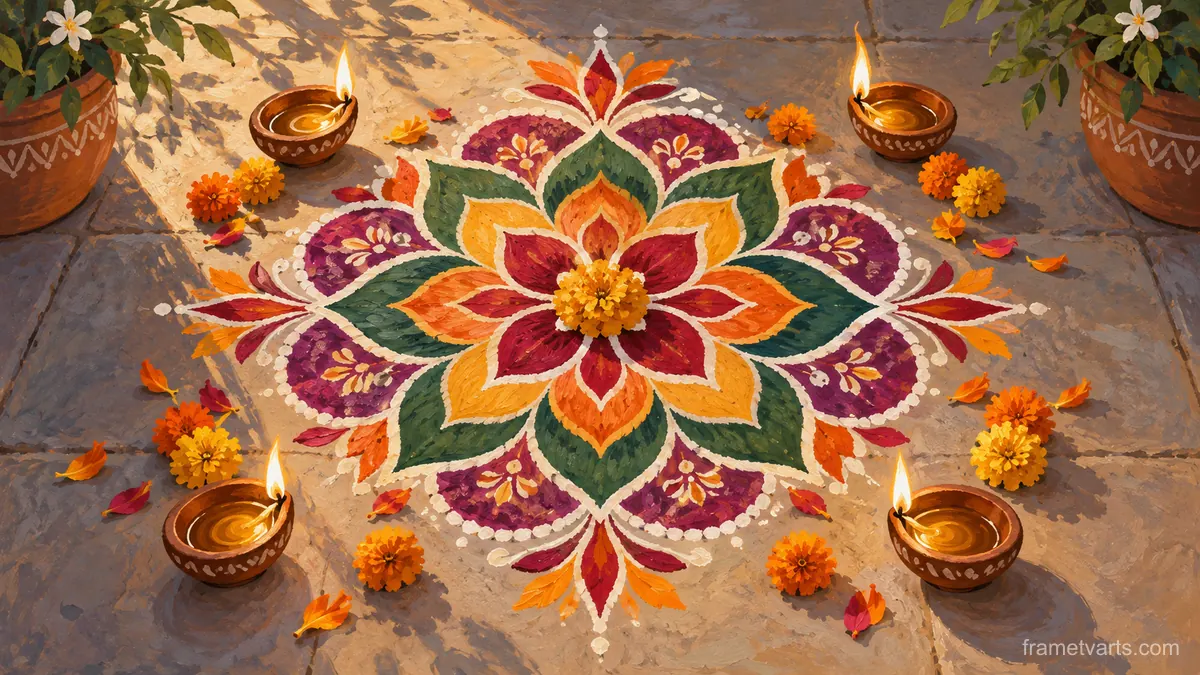 Diwali symmetrical floral rangoli beside oil lamps – decorative folk gouache Samsung Frame TV art, 4K