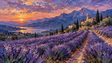 Lavender field beside distant mountains – expressive palette-knife painting Frame TV art