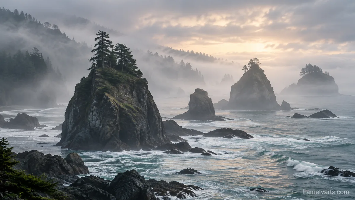 Sea stacks emerging through morning mist – fine-art photography Samsung Frame TV art, 4K