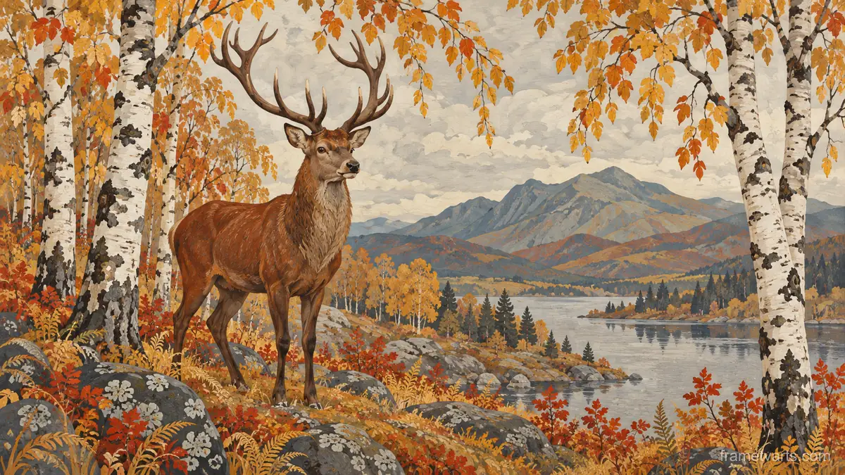 Red deer beneath autumn birches – decorative folk painting Samsung Frame TV art, 4K