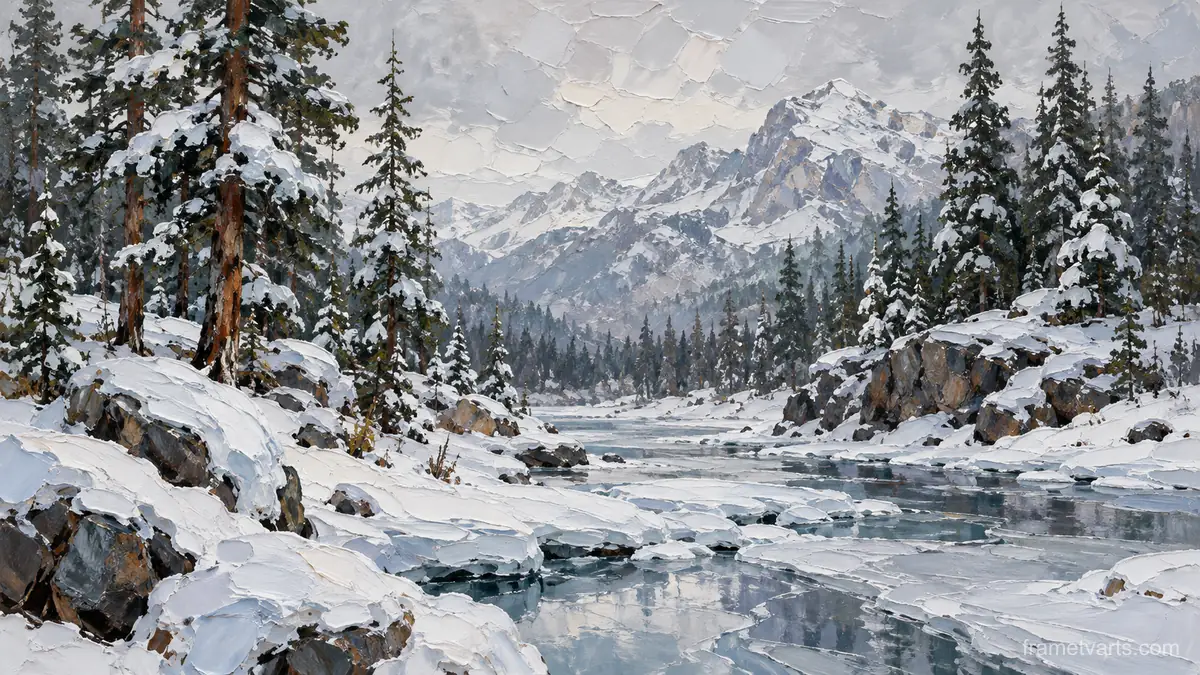 Snow-laden pine forest beside frozen creek – expressive palette-knife painting Samsung Frame TV art, 4K