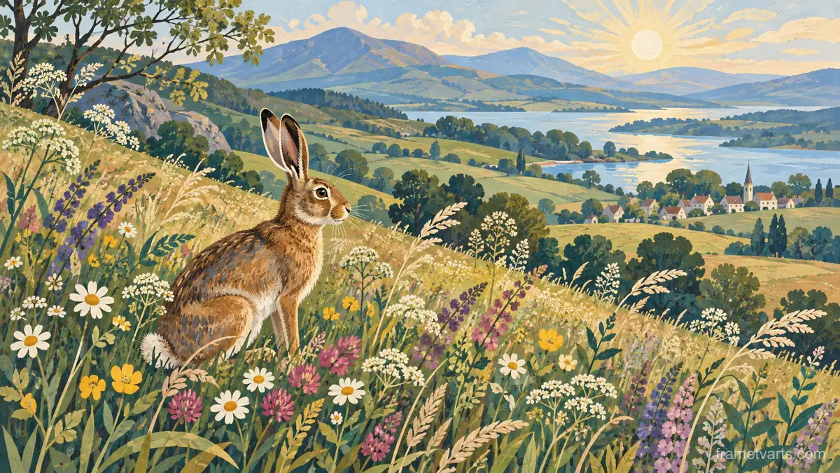 Hare among flowering meadow grasses – decorative folk painting Samsung Frame TV art, 4K