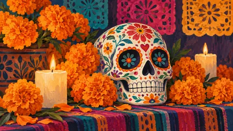 Dia de los Muertos marigolds and an original decorated calavera – decorative folk gouache Frame TV art