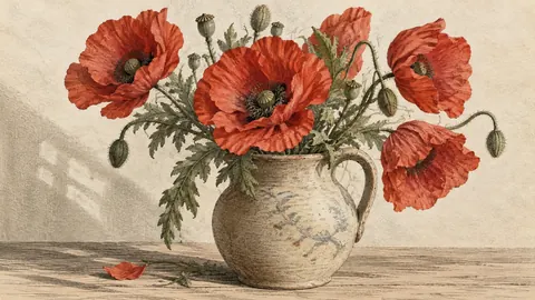 Scarlet poppies in a loose ceramic vase – vintage-style botanical engraving without labels Frame TV art