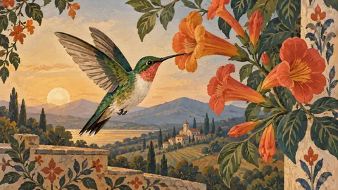 Hummingbird hovering beside trumpet flowers – decorative folk painting Frame TV art