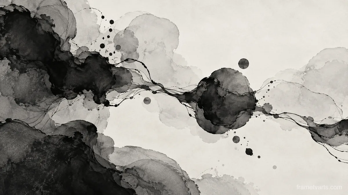 Freeform ink pools connected by fine trails – monochrome minimalist abstraction Samsung Frame TV art, 4K