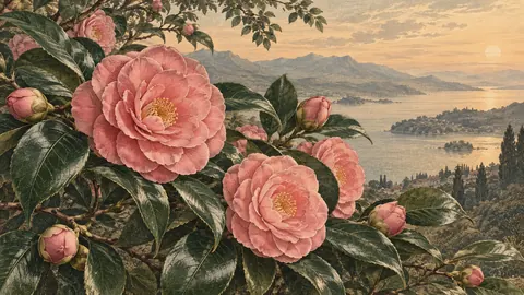 Pink camellias above glossy leaves – vintage-style botanical engraving without labels Frame TV art