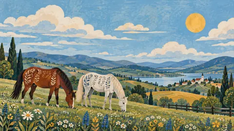 Two horses grazing on rolling pasture – decorative folk painting Frame TV art