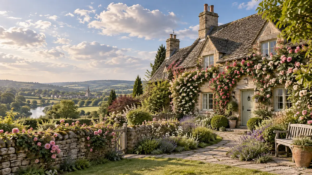 English cottage with a climbing rose garden – fine-art architectural photography Samsung Frame TV art, 4K