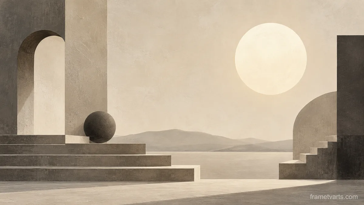 Sunlike disk above abstract architectural steps – monochrome minimalist abstraction Samsung Frame TV art, 4K