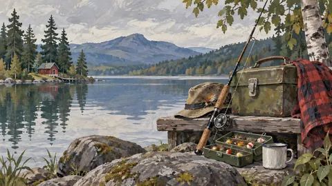 Father's Day fishing equipment beside a quiet lake – decorative folk gouache Frame TV art