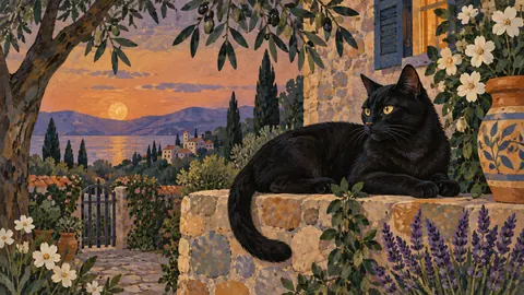 Black cat resting in a sunlit garden – decorative folk painting Frame TV art