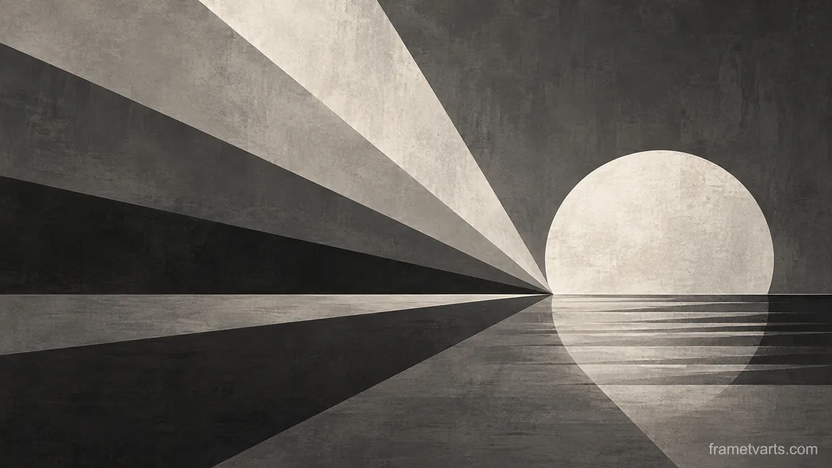 Angular rays spreading across broad negative space – monochrome minimalist abstraction Samsung Frame TV art, 4K