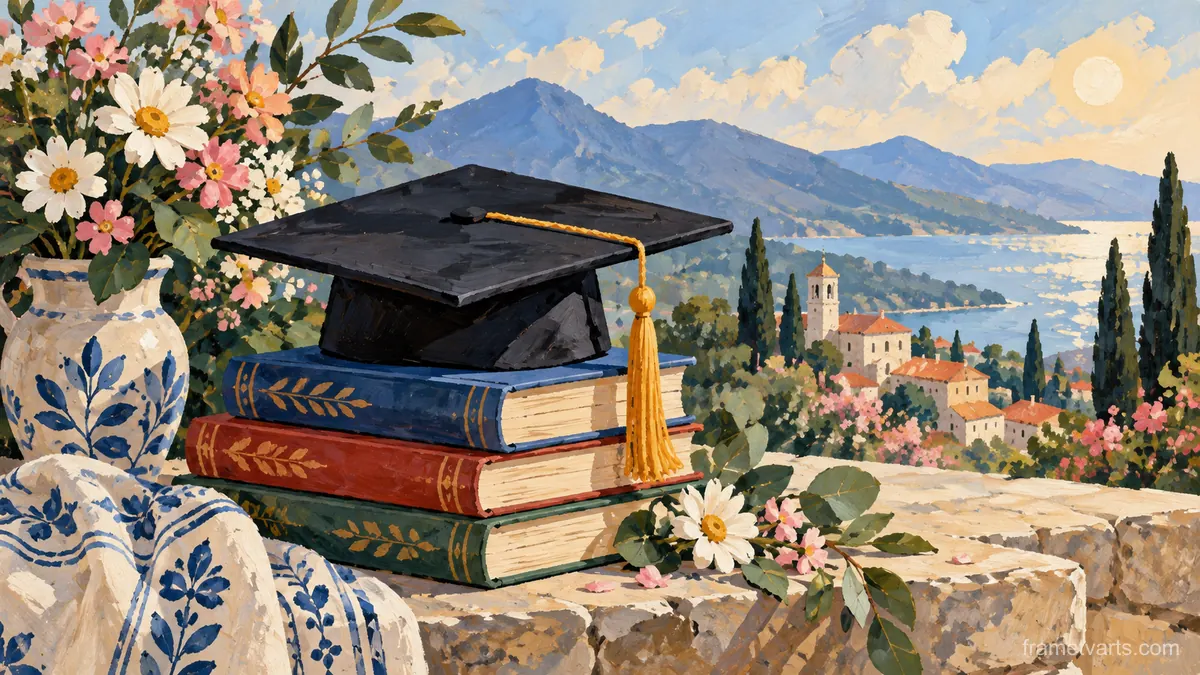 Graduation plain cap with books and flowers – decorative folk gouache Samsung Frame TV art, 4K