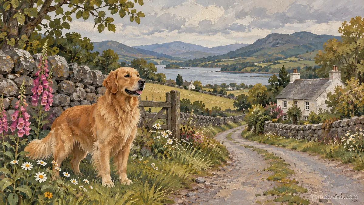 Golden dog beside a quiet country lane – decorative folk painting Samsung Frame TV art, 4K