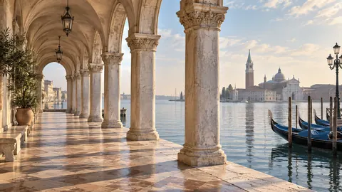Venetian-inspired arcade beside still water – fine-art architectural photography Frame TV art