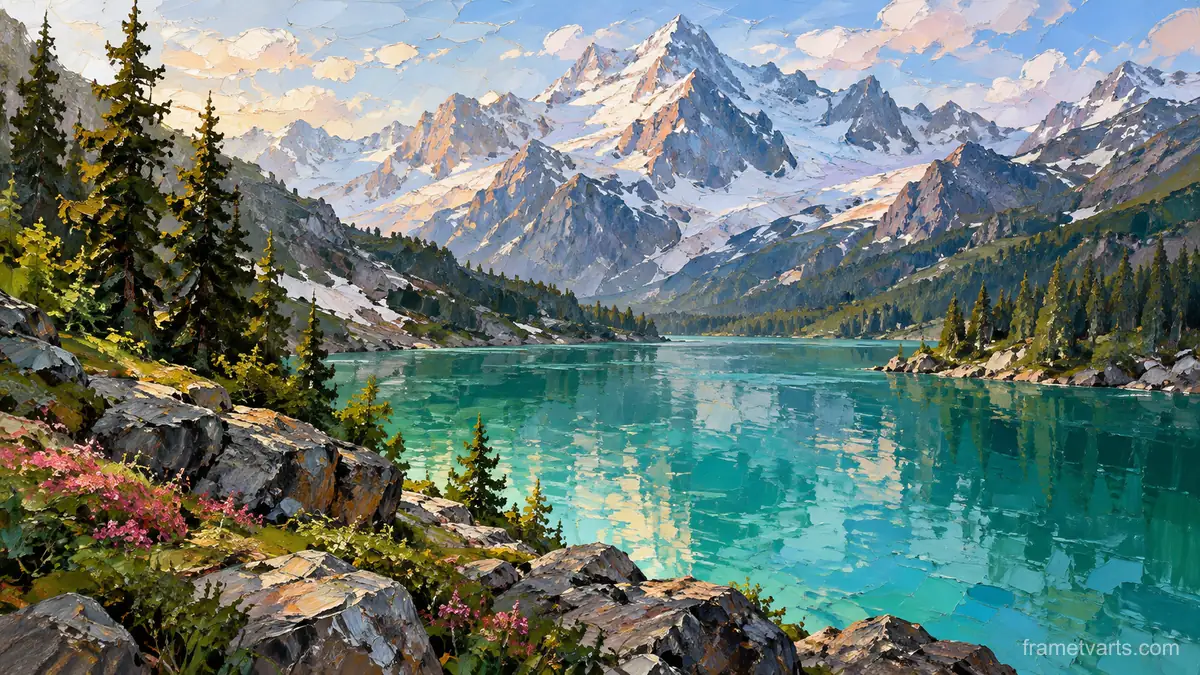 Emerald lake below snow peaks – expressive palette-knife painting Samsung Frame TV art, 4K