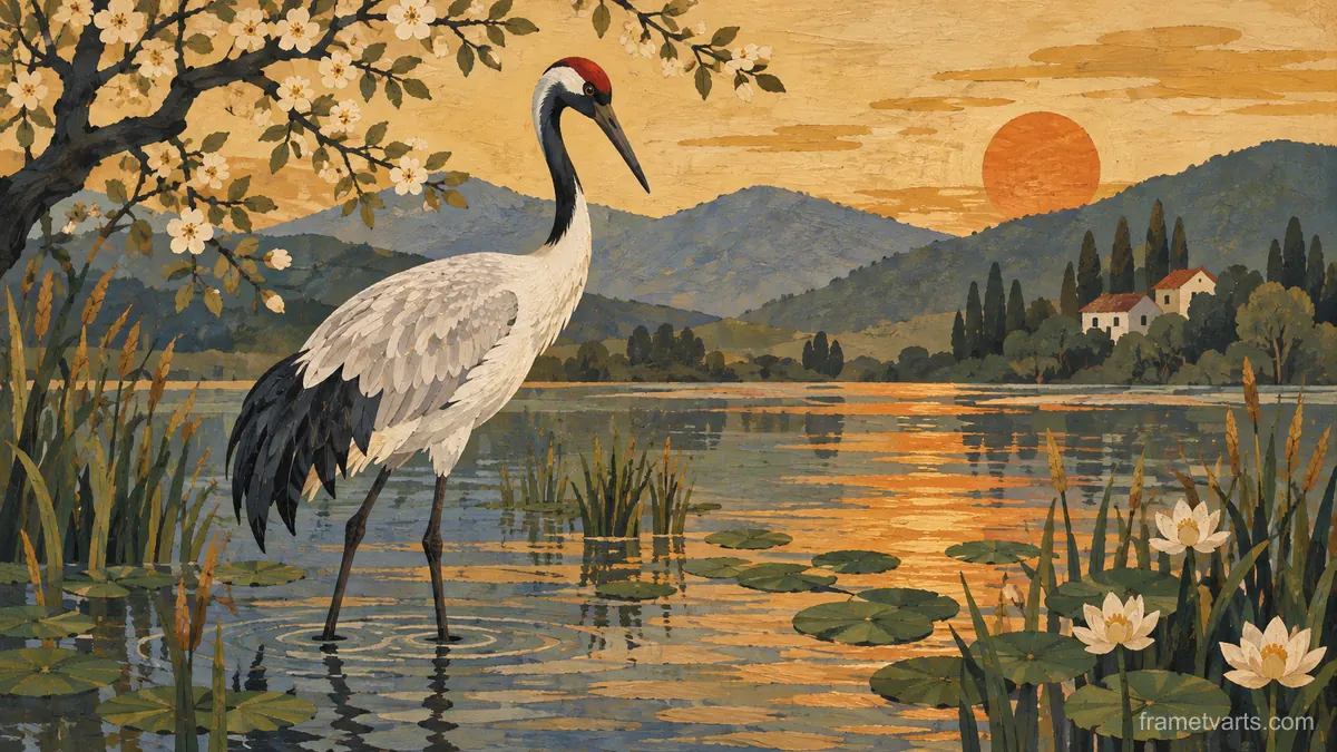 Crane standing in shallow water – decorative folk painting Samsung Frame TV art, 4K