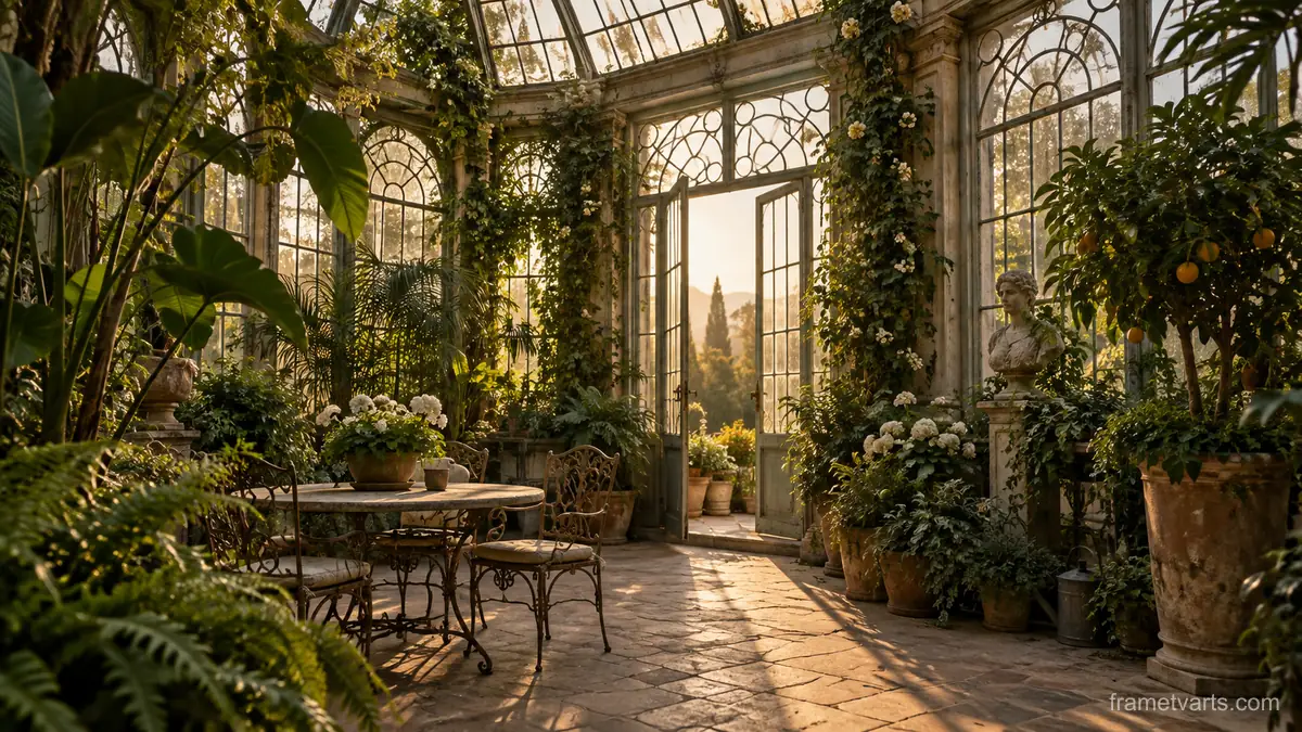 Old conservatory filled with green plants – fine-art architectural photography Samsung Frame TV art, 4K