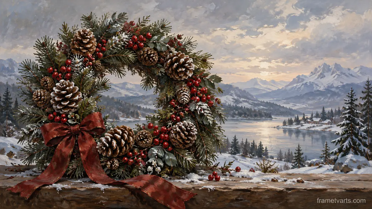 Christmas wreath of pine cones and winter berries – traditional oil painting Samsung Frame TV art, 4K