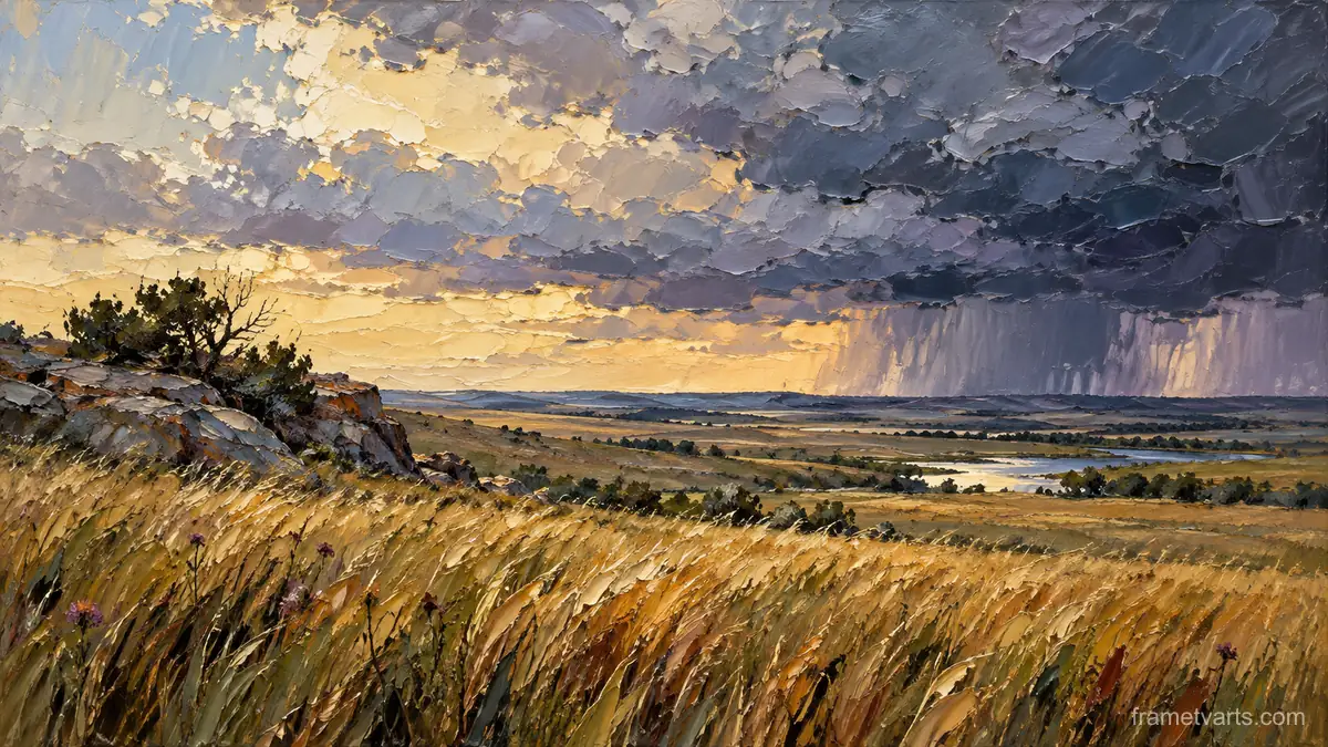 Prairie grass rippling beneath storm clouds – expressive palette-knife painting Samsung Frame TV art, 4K